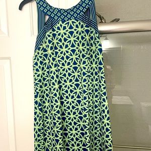 green/blue Gretchen Scott dress.  fun back